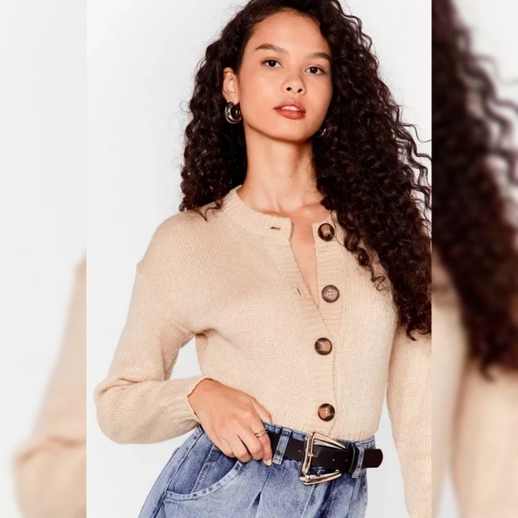 New Nasty Gal Knit Crop Top Cardigan Button Up Tan Festive Holiday Sweater Small - Picture 3 of 16